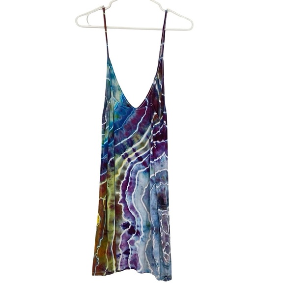 Handmade Geode Tie Dye Dress Womens Size Medium Deep Vneck Upcycled Colorful - Picture 2 of 13